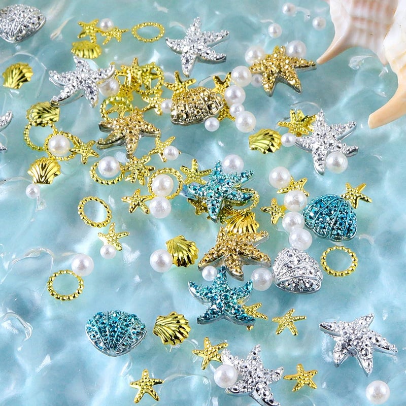 OSTTMA 100Pcs Summer Nail Charms 3D Shell Starfish Nail Art Charms Studs Pearl Rhinestones Gems Summer Sea Theme Nails Supplies Gold Silver Blue Resin Beach Manicure Decoration for Women DIY Craft Jewelry - Image 3